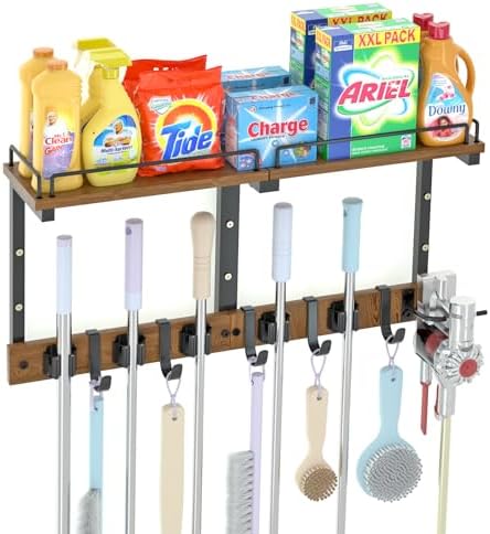 Broom and Mop Organizer Wall Hanging with Cleaning Supplies Organizer,Brown