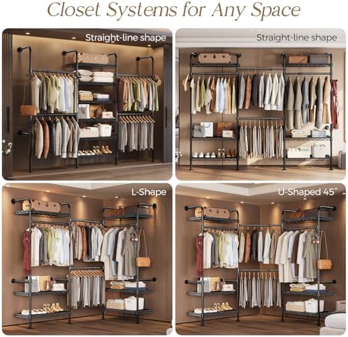 Wall Mounted Closet System, Heavy Duty 3-Row Clothes Rack, Expandable Industr...