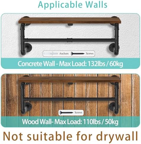Yawinhe Industrial Pipe Clothing Rack with Shelves,Closet Rod,Rustic Brown