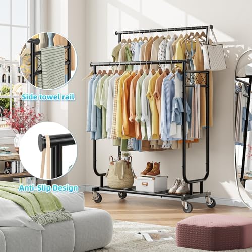 Ekisemio Heavy Duty Clothes Rack, Rolling Clothing Rack With Shelves Load 450...