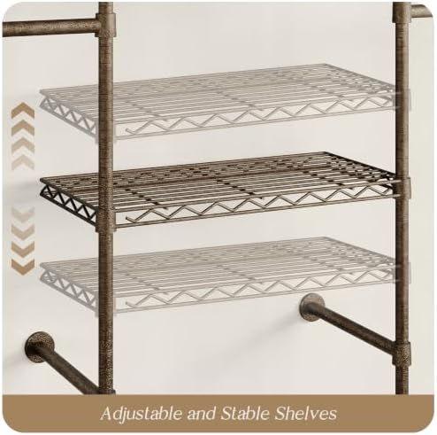 Wall Mounted Closet System, 5-Row Heavy Duty Garment Rack, Black and Gold