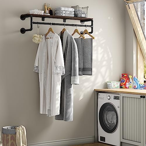Industrial Pipe Clothes Rack with Top Shelf and 3 Hooks, 41''L Wall M...