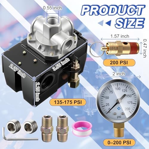Dreyoo Air Compressor Pressure Switch, 135-175 PSI, 4 Port Plug Fitting Kit