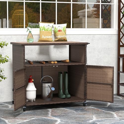 HAPPYGRILL Outdoor Storage Cabinet with Wheels, PE Rattan Patio Buffet Sidebo...