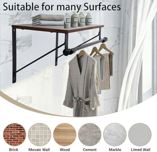 Wall Mounted Shelf with Hanging Rod, Laundry Room Shelves, Space Saving Organ...