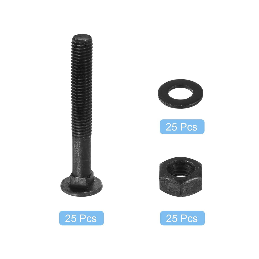 uxcell M10 x 70mm Carriage Bolt Kit, 25 Set Round Head Square Neck Screws, Ca...