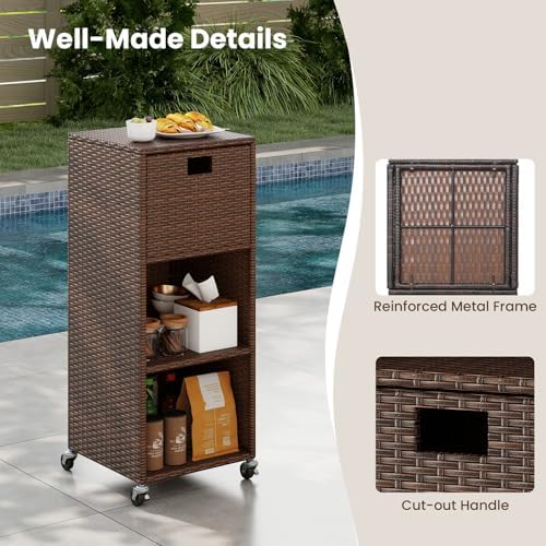 Tangkula Rattan Outdoor Storage Cabinet with 4 Wheels, Mix Brown