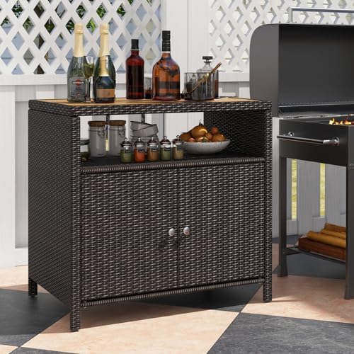 HAPPYGRILL Outdoor Rattan Storage Cabinet, Patio Sideboard Buffet Cabinet wit...