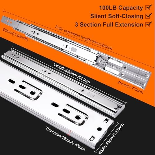 14 inch Drawer Slides 6 Pairs (12pcs) Soft Self Close 3 fold Full Extension B...