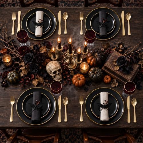 KIRE 100PCS Black and Gold Plates - Black Plastic Plates Disposable with Gold...
