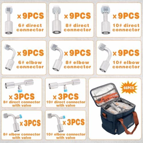 66PCS Air Conditioning Hose Fitting Kit Includes #6#8#10 AC Fittings and pipe...