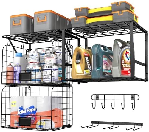 ThreeHio Garage Shelf Wall Mounted with Wire Baskets, Heavy Duty Garage Wall ...
