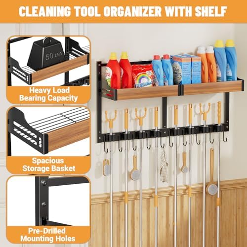 Broom Holder Wall Mount, Broom and Mop Organizer Wall Hanging with Shelf