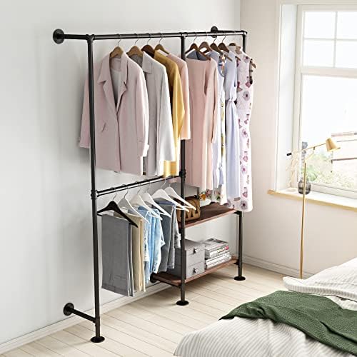 Industrial Pipe Clothes Racks with Black Shelves, Industrial Pipe Black Cloth...