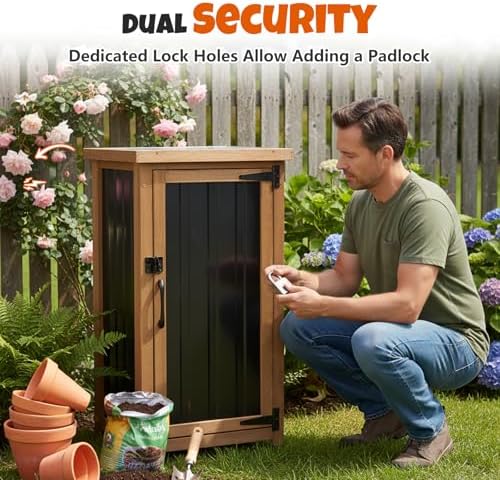 Small Outdoor Storage Cabinet, Wood & Metal Storage Shed with Weatherproo...