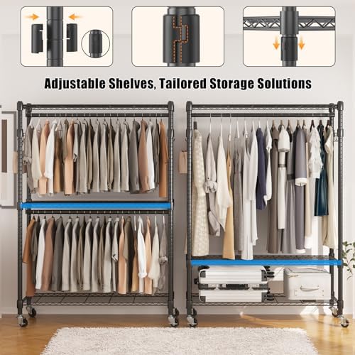 BATHWA Heavy Duty Rolling Clothes Rack with Wheels, 640 lb Hanger Rack & ...