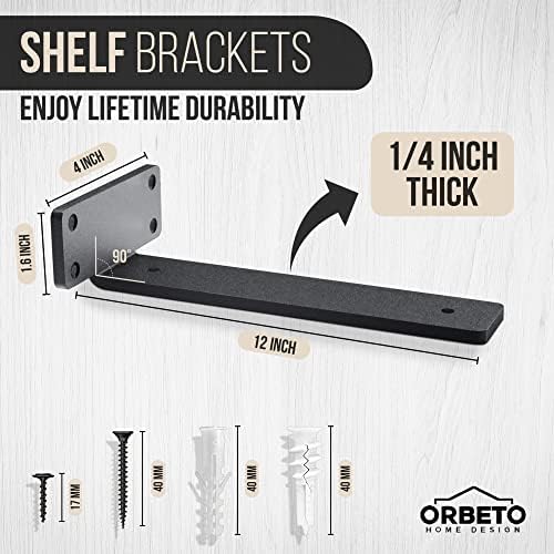 Orbeto 6 Pack Heavy Duty Shelf Brackets (12") Black Metal (6mm Thick), S...