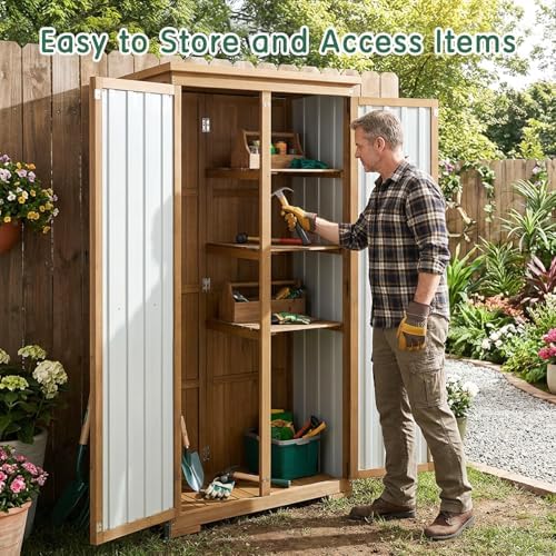 Outdoor Storage Cabinet with Shelf, Wood & Metal Storage Shed with Waterp...