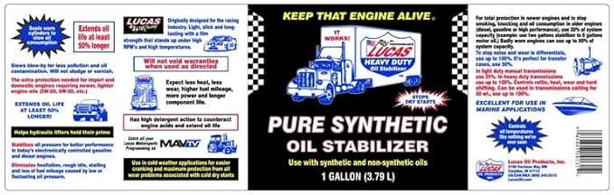 Lucas Oil Motor Additive, Pure Synthetic Oil Stabilizer, 1 gal Jug