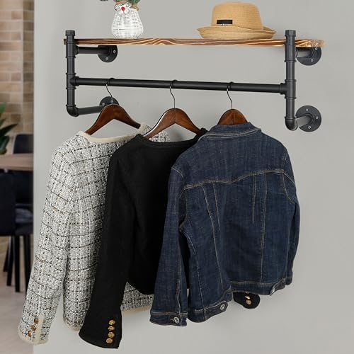 WEBI Wall Mounted Clothes Rack with Shelf,32" Industrial Pipe Clothing R...