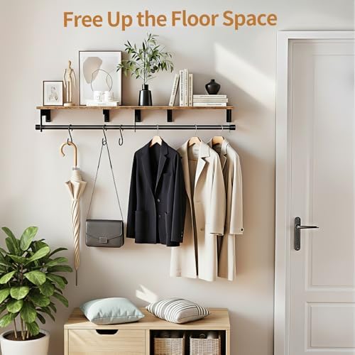 Luxspire 43.3" Wall Mount Clothes Rack with Wood Top Shelf Hanging Clothes