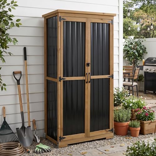 Outdoor Storage Cabinet with Shelf, Wood & Metal Storage Shed with Waterp...