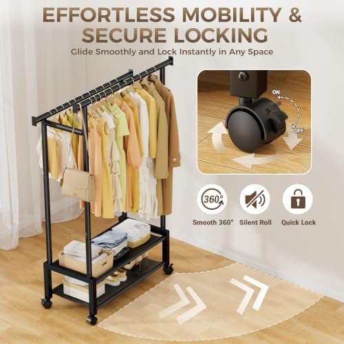 Double Rod Clothing Rack with 2 Shelves, Rolling, Black