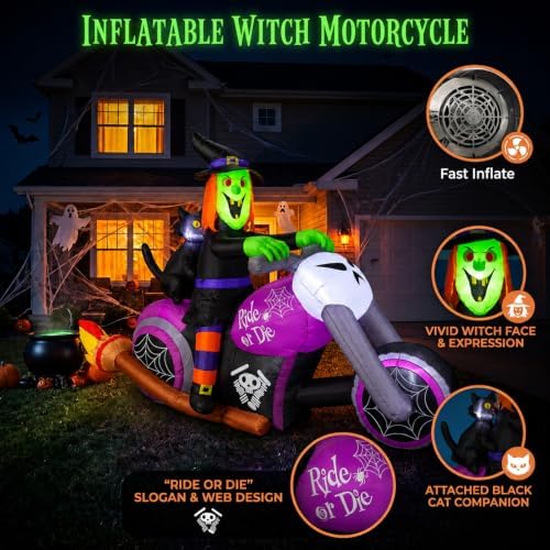 7FT Gaint Halloween Inflatables Witch on Motorcycle with Black Cat,Blow Up Ou...