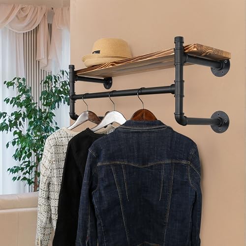 WEBI Wall Mounted Clothes Rack with Shelf,32" Industrial Pipe Clothing R...