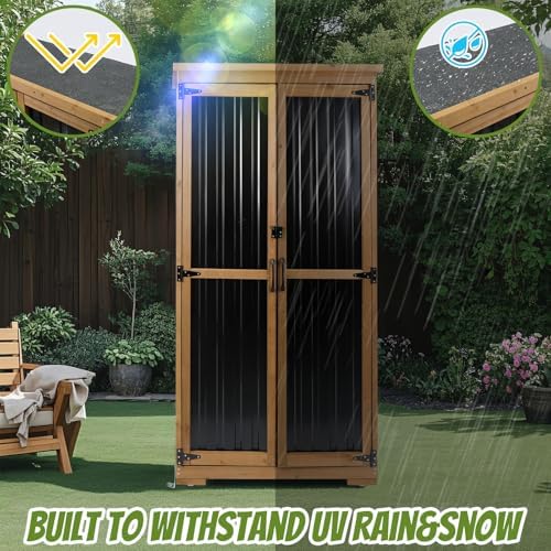 Outdoor Storage Cabinet with Shelf, Wood & Metal Storage Shed with Waterp...
