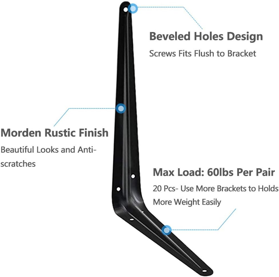 20 Pack Shelf Brackets 10 Inch, Heavy Duty Black Metal Floating Shelf Bracket...