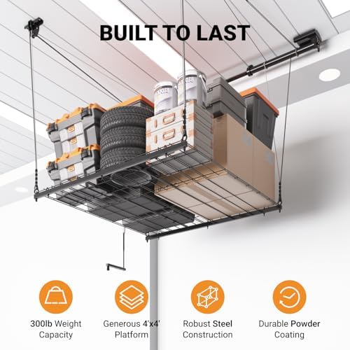 Adjustable Overhead Garage Storage Rack, 4x4ft Garage Ceiling Storage Lift, H...