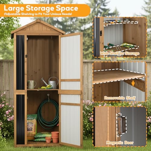 Outdoor Storage Cabinet, Wood & Metal Garden Shed with Waterproof Asphalt...