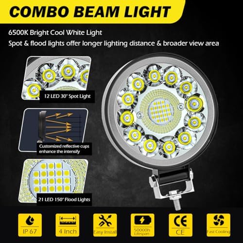 LED Spot Work Lights, 4 Inch LED Light Pods 99W Round Off Road Driving Light ...