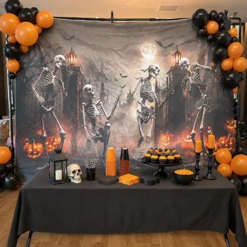10x8FT Halloween Decoration Backdrop-Dancing Skeletons and Glowing Pumpkins