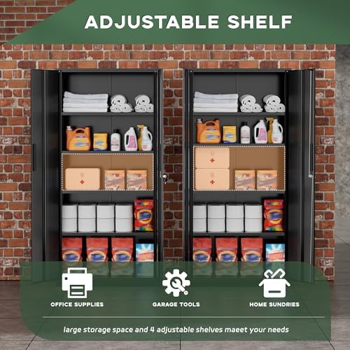 Greenvelly Metal Cabinet, 72” Black Tool Steel Locking Cabinet with Doors and...