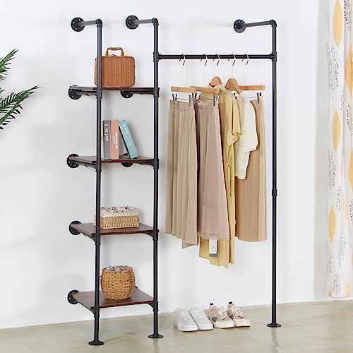 Industrial Pipe Clothing Rack with Shelves, 71inch Wall Mounted Closet Storag...