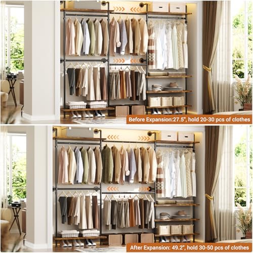 Aheaplus Industrial Pipe Clothing Rack, Expandable Garment Rack, Closet Syste...
