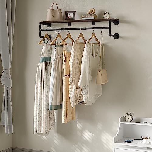Industrial Pipe Clothes Rack with Top Shelf and 3 Hooks, 41''L Wall M...