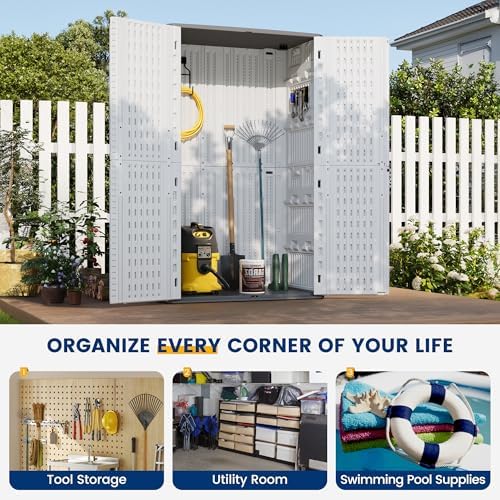 UDPATIO 67 Cu.Ft Vertical Outdoor Storage Shed, HDPE Resin Sheds,White