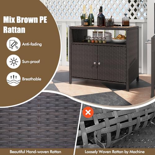 HAPPYGRILL Outdoor Rattan Storage Cabinet, Patio Sideboard Buffet Cabinet wit...