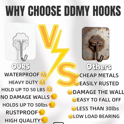 DDMY 100 Pack Heavy Duty Self Adhesive Hooks 50 lbs Transparent Reusable Stic...