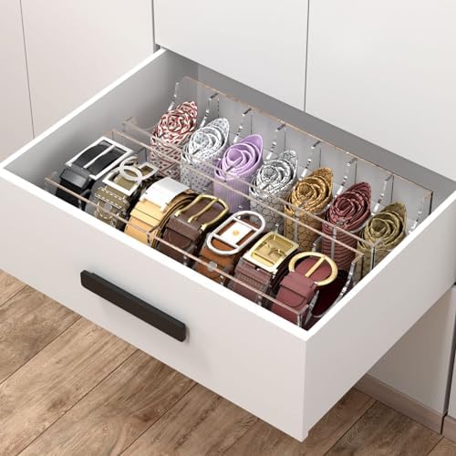 NIUBEE Belt Organizer for Closet, Acrylic Belt Box, Belt Storage, 7 Grids