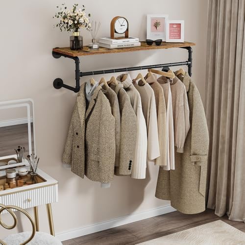 Clothes Rack Wall Mounted, 43.3in Shelf with Hanging Rod, Industrial Pipe Clo...