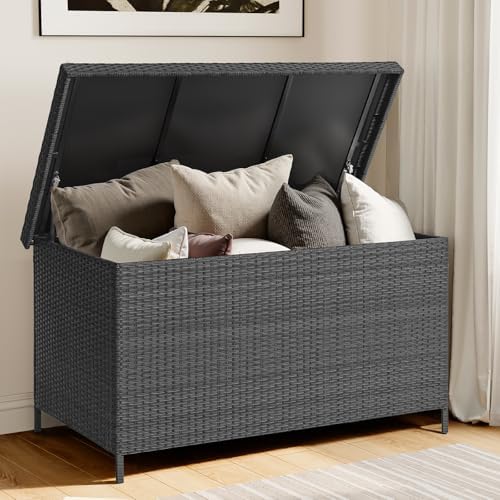 ONBRILL 158 Gallon XL Wicker Deck Box, Outdoor Patio Storage Box, Black