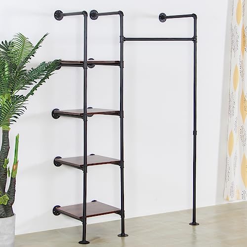 Industrial Pipe Clothing Rack with Shelves, 71inch Wall Mounted Closet Storag...