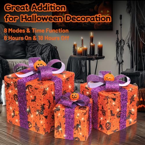 3 Pieces Lighted Boxes Halloween Decorations, Lighted Gift Boxes with Bat,Spi...
