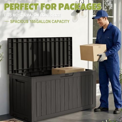 DRATO 155 Gallon Deck Box Waterproof Outdoor Storage Box with Wheels, Black