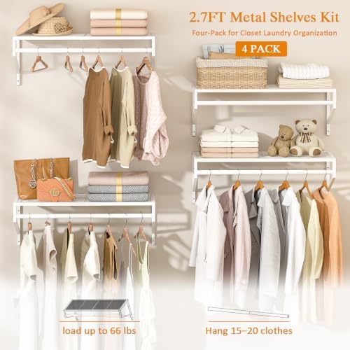 ThreeHio 4 Pack Closet Shelves Wall Mounted, 2.7 ft x 11.8in Wire Closet Shel...
