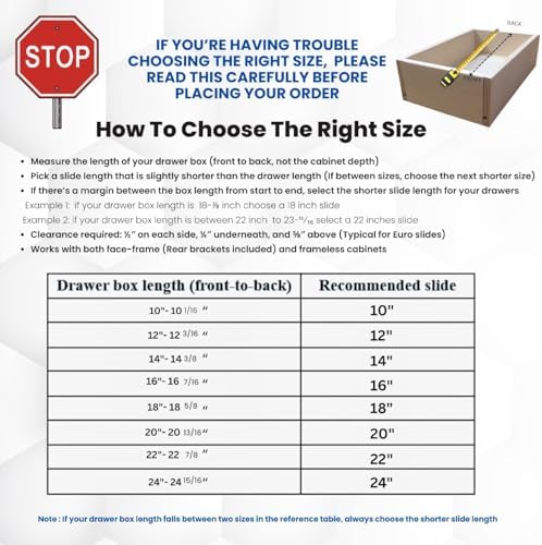 22 Inch Euro Slides, Pack of 2, for Face-Frame and Frameless Cabinets. 75lbs ...